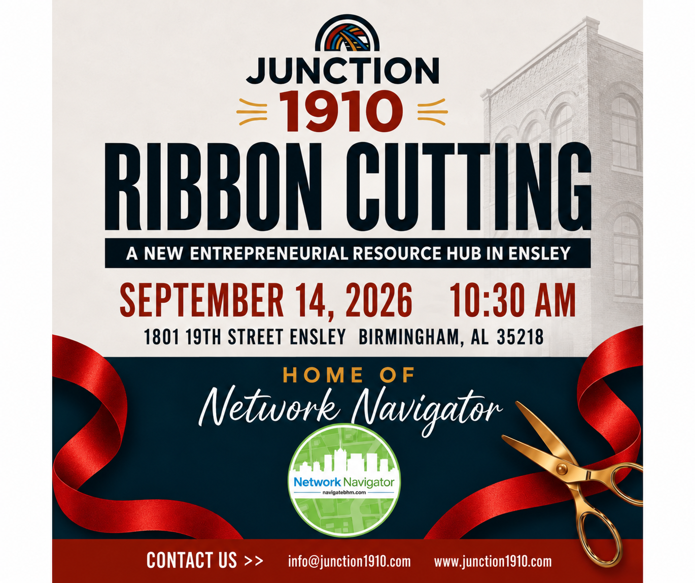 Junction 1910 ribbon cutting flyer, September 14 2026, 1801 19th St, Birmingham