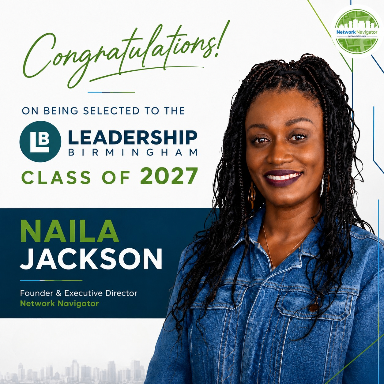 Congratulations graphic for Naila Jackson, Leadership Birmingham Class of 2027